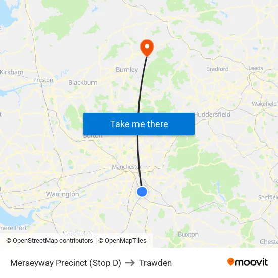 Merseyway Precinct (Stop D) to Trawden map