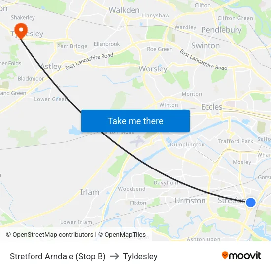 Stretford Mall to Tyldesley map