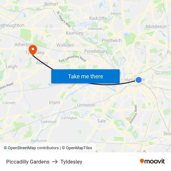 Piccadilly Gardens to Tyldesley map