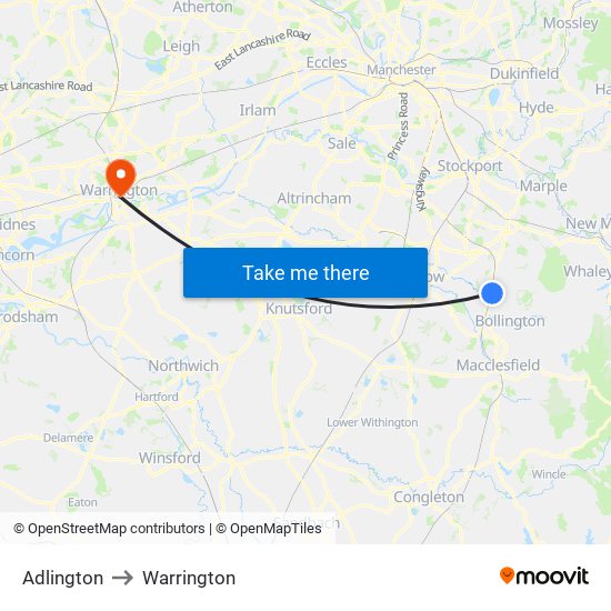 Adlington to Warrington map