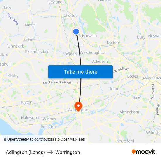 Adlington (Lancs) to Warrington map