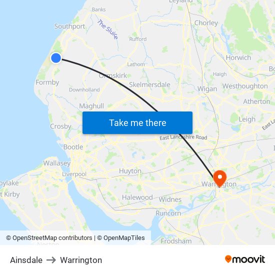 Ainsdale to Warrington map