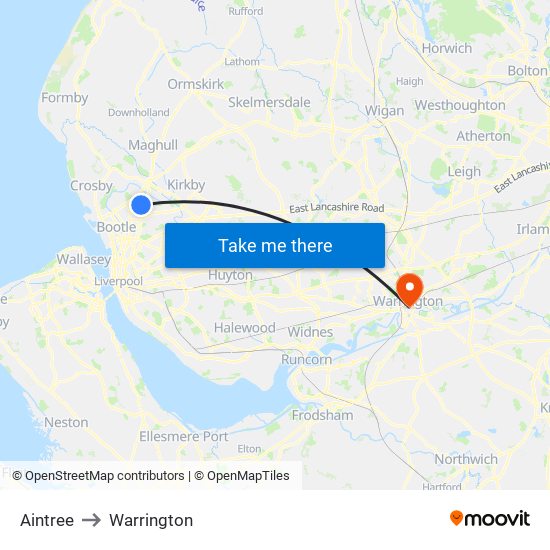 Aintree to Warrington map