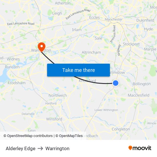 Alderley Edge to Warrington map