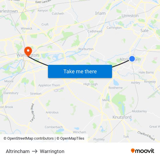 Altrincham to Warrington map