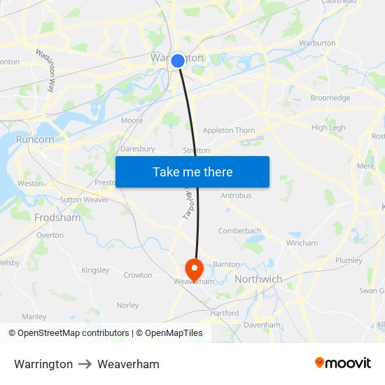 Warrington to Weaverham map