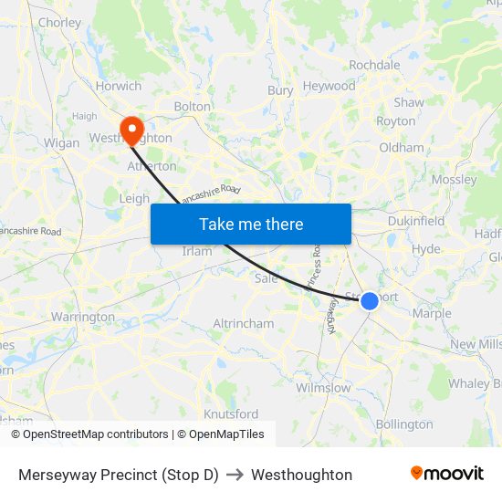 Merseyway Precinct (Stop D) to Westhoughton map