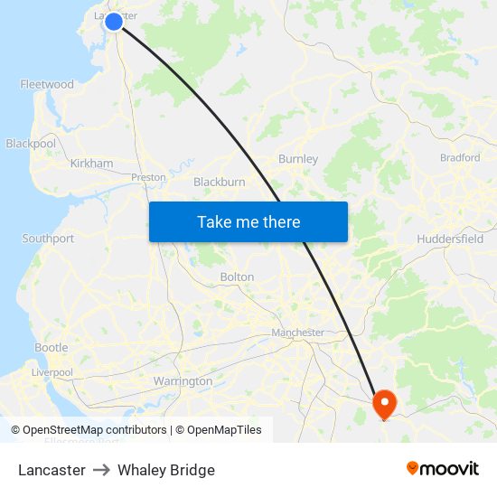 Lancaster to Whaley Bridge map