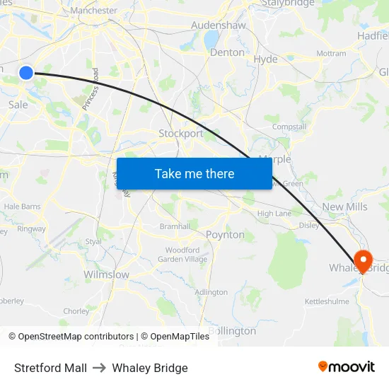 Stretford Mall to Whaley Bridge map