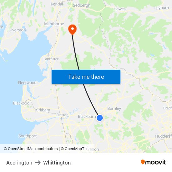 Accrington to Whittington map