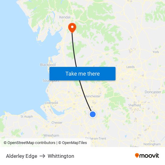 Alderley Edge to Whittington map