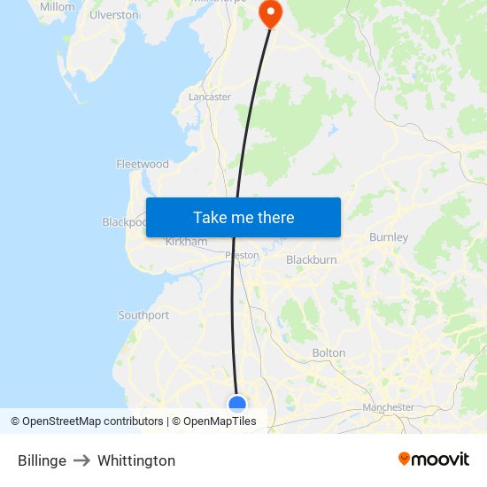 Billinge to Whittington map