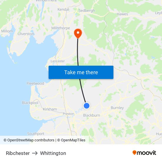 Ribchester to Whittington map