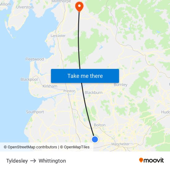Tyldesley to Whittington map