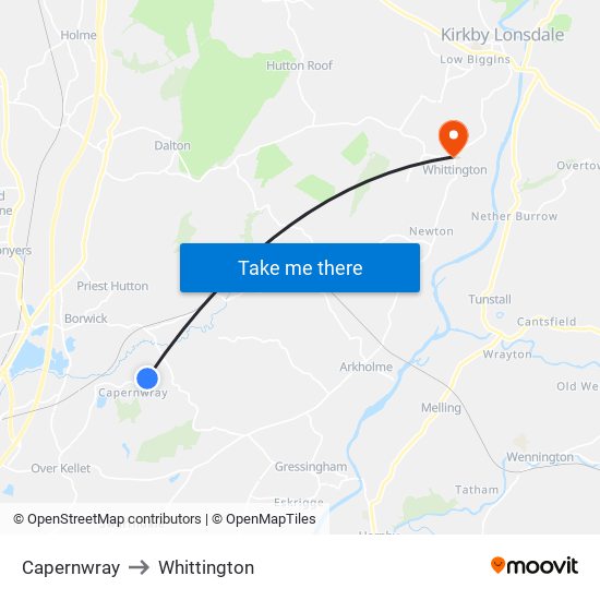 Capernwray to Whittington map