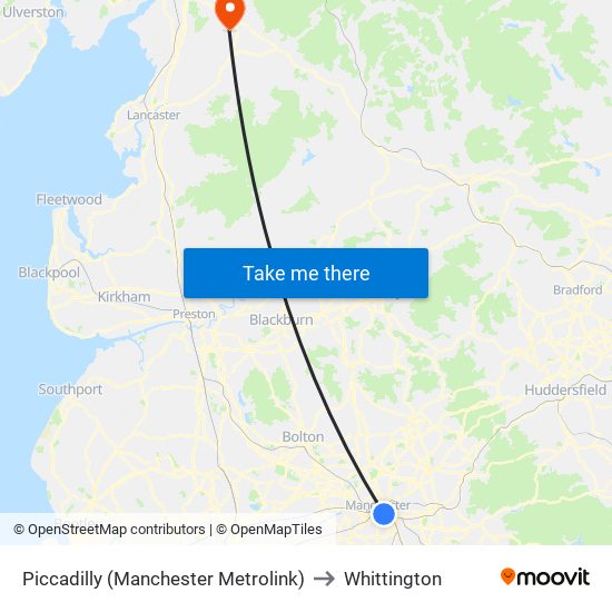 Piccadilly (Manchester Metrolink) to Whittington map