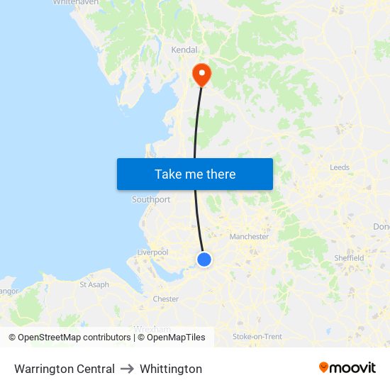 Warrington Central to Whittington map