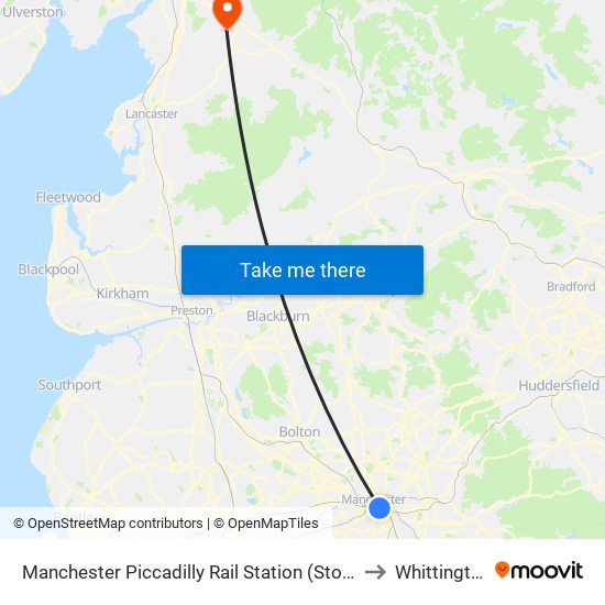 Manchester Piccadilly Rail Station (Stop A) to Whittington map