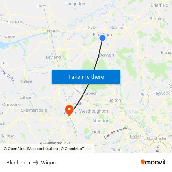 Blackburn to Wigan map