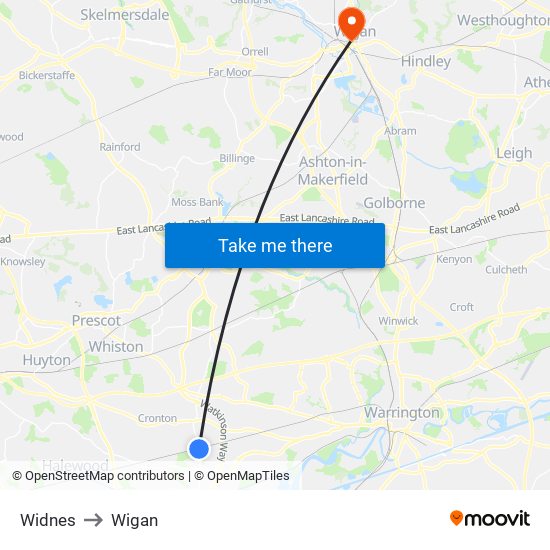 Widnes to Wigan map