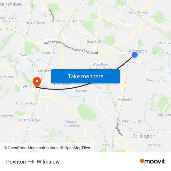 Poynton to Wilmslow map