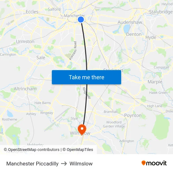 Manchester Piccadilly to Wilmslow map