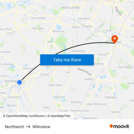 Northwich to Wilmslow map