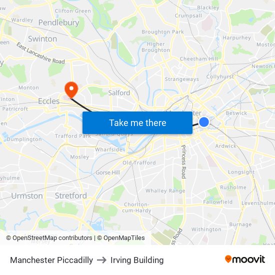 Manchester Piccadilly to Irving Building map