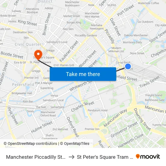 Manchester Piccadilly Station to St Peter's Square Tram Stop map