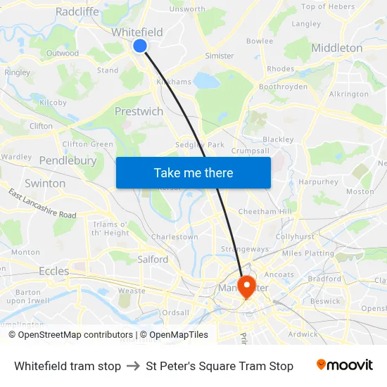 Whitefield tram stop to St Peter's Square Tram Stop map