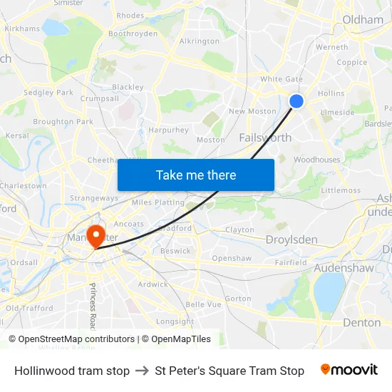 Hollinwood tram stop to St Peter's Square Tram Stop map