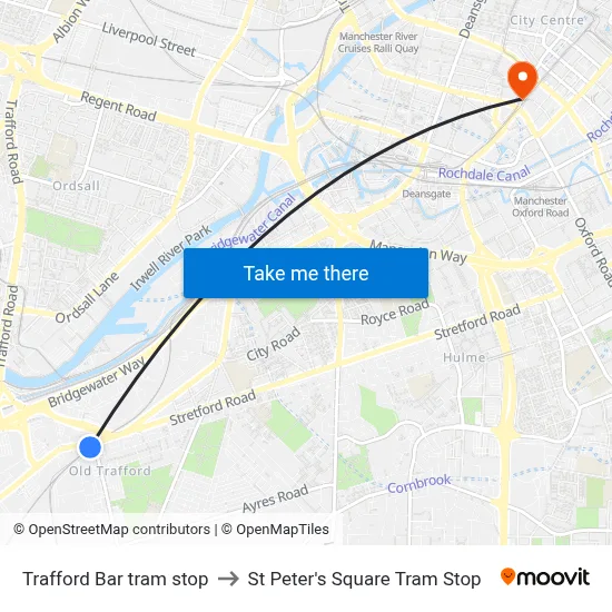 Trafford Bar tram stop to St Peter's Square Tram Stop map
