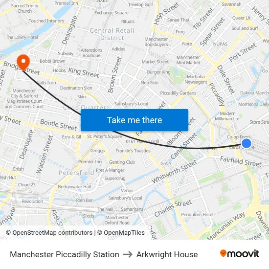 Manchester Piccadilly Station to Arkwright House map