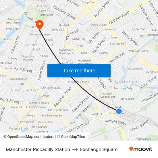 Manchester Piccadilly Station to Exchange Square map