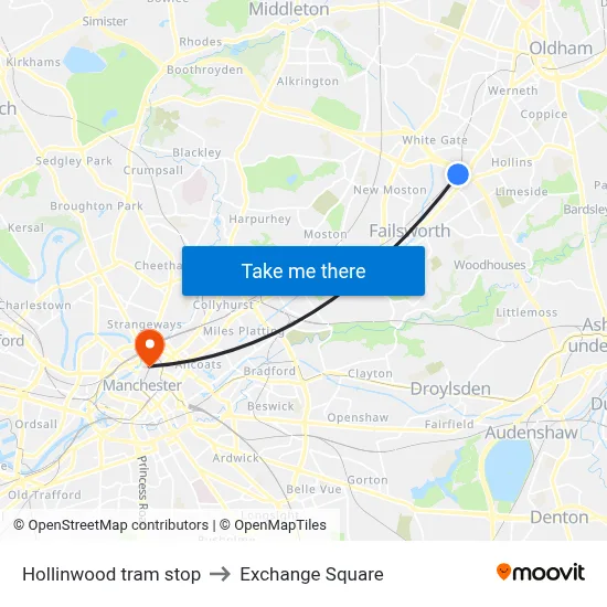 Hollinwood tram stop to Exchange Square map