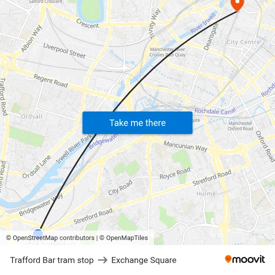 Trafford Bar tram stop to Exchange Square map