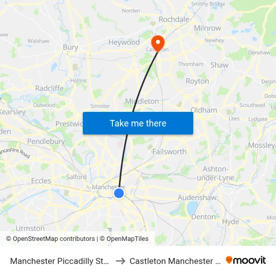Manchester Piccadilly Station to Castleton Manchester P&R map