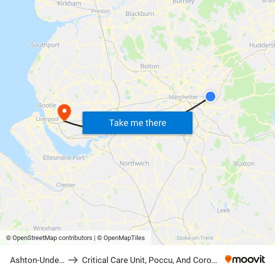 Ashton-Under-Lyne to Critical Care Unit, Poccu, And Coronary Care Unit map