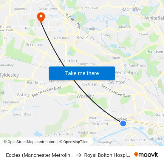 Eccles (Manchester Metrolink) to Royal Bolton Hospital map