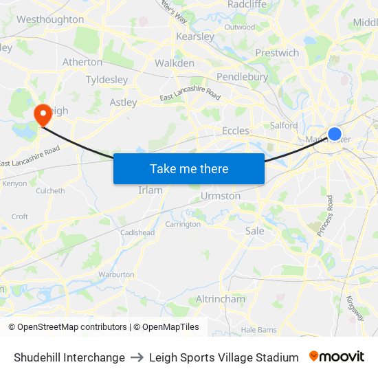 Shudehill Interchange to Leigh Sports Village Stadium map