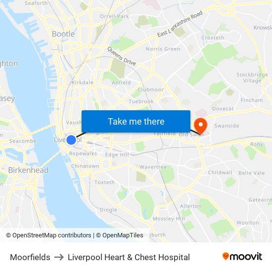 Moorfields to Liverpool Heart & Chest Hospital map