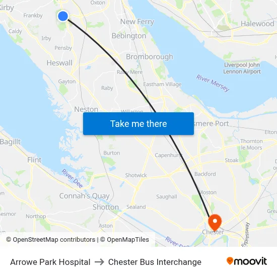 Arrowe Park Hospital to Chester Bus Interchange map