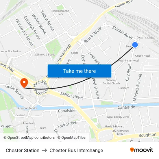 Chester Station to Chester Bus Interchange map