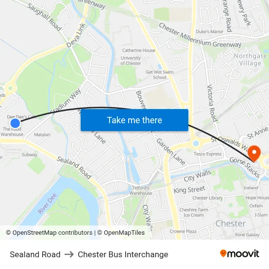 Sealand Road to Chester Bus Interchange map