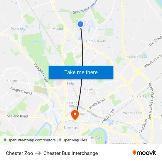 Chester Zoo to Chester Bus Interchange map