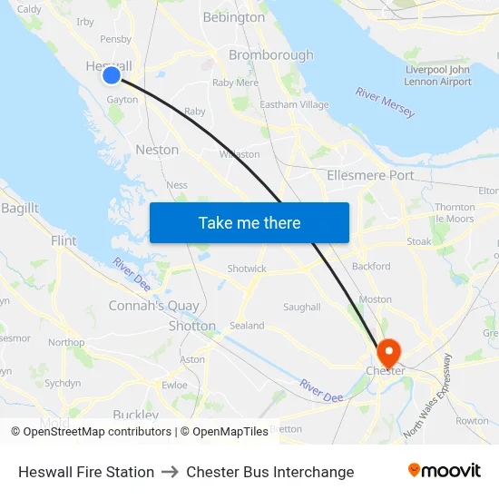 Heswall Fire Station to Chester Bus Interchange map