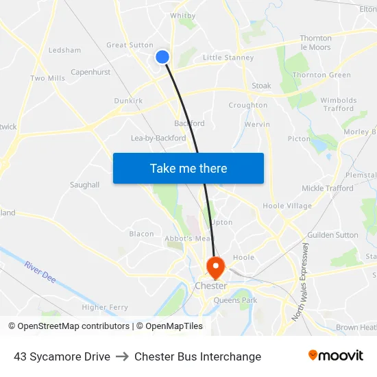 43 Sycamore Drive to Chester Bus Interchange map