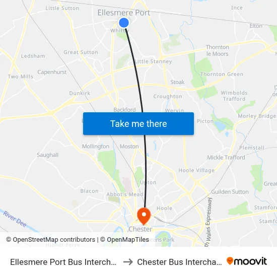 Ellesmere Port Bus Interchange to Chester Bus Interchange map
