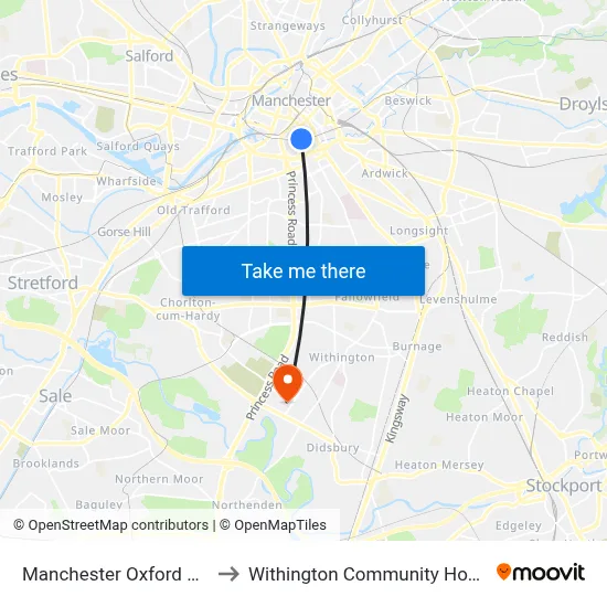 Manchester Oxford Road to Withington Community Hospital map