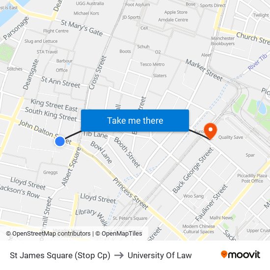 St James Square (Stop Cp) to University Of Law map